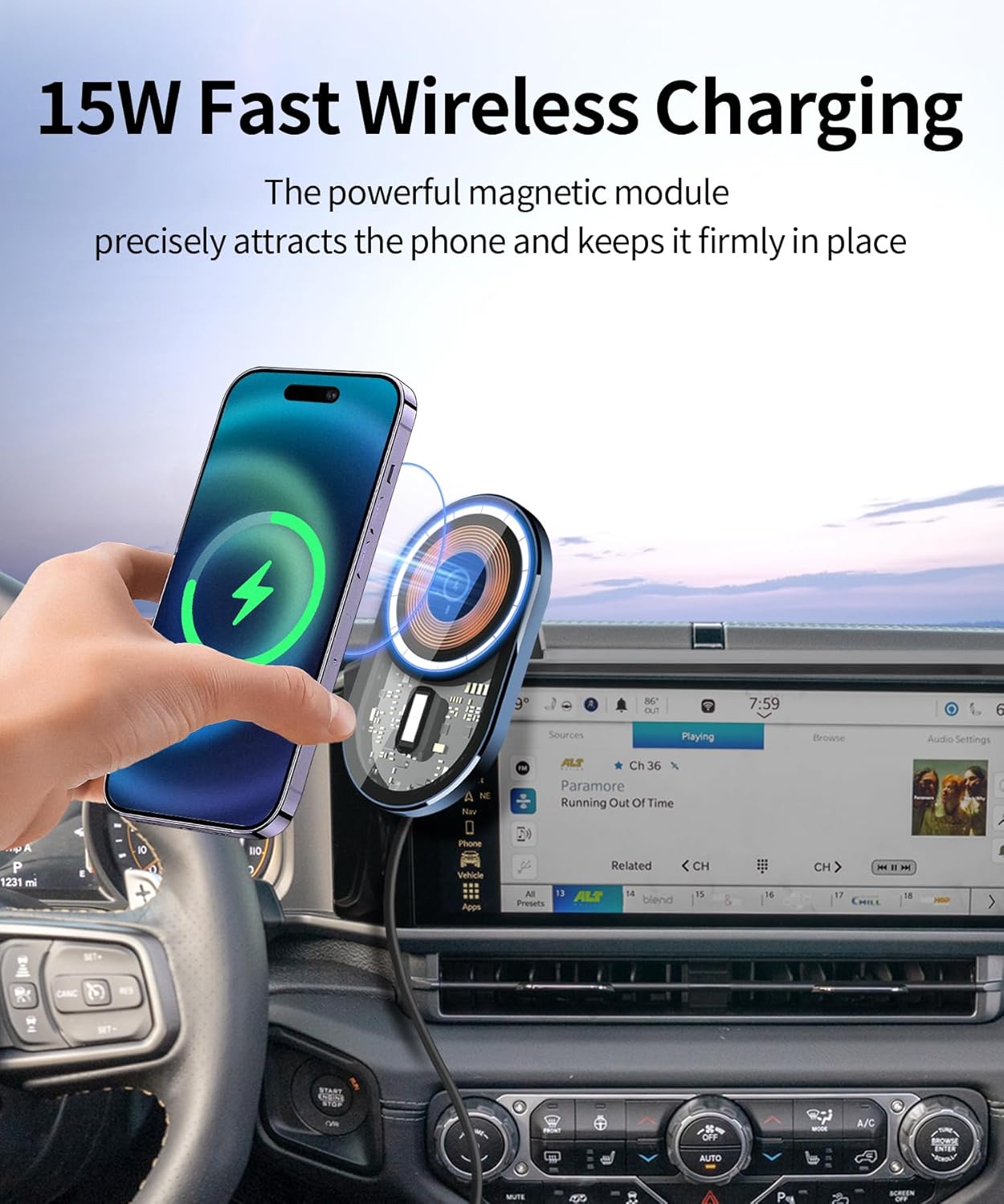 Wireless Charging car Phone Holder for Jeep Wrangler/Wrangler 4xe / Gladiator 2024 2025 2026 Accessories 12.3 inch Screen Fixed Clip,360° Rotation car Phone Mount Compatible with MagSafe