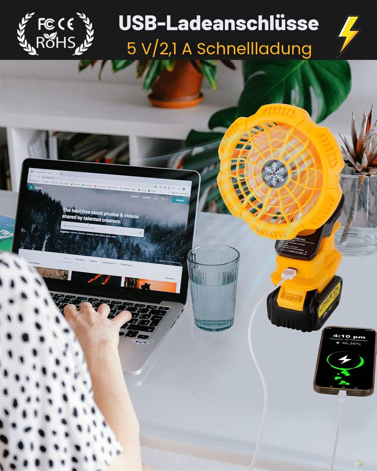 Tragbarer Clip-on-Ventilator für Dewalt 18v 54v Akku, Leise akku ventilator mit 3 energieeffizienten Geschwindigkeitsstufen für Schlafzimmer, Outdoor, Camping und Baustelle (nur Werkzeug)