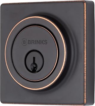 BRINKS Deadbolt Lock, Single Cylinder Dead Bolt - Tuscan Bronze - Square Exterior Keyed Front Door Entry Contemporary Modern Finish
