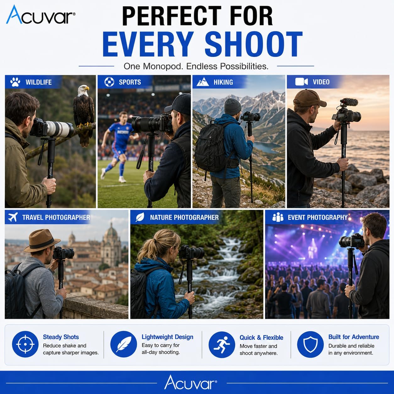 Acuvar 65 Inch Camera Monopod – Lightweight 4-Section Aluminum Monopod with Safety Strap for DSLR & Mirrorless Cameras