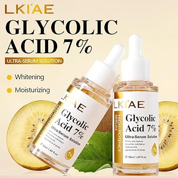 LKIAE Glycolic Acid 7% Ultra-Serum-Solution, Brightening, Moisturizing, Reduce Dark Spots, Refne Skin Texture For All Skin Types, With Glutathione, Vitamin C, 1.69 fl oz (Pack of 1)