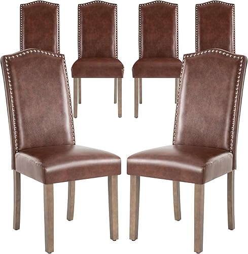 Miniatura 11 de Silla de comedor tapizada elegante Parsons con respaldo alto con ribete plateado de cabeza de clavo y patas de madera, paquete de 6, color marrón