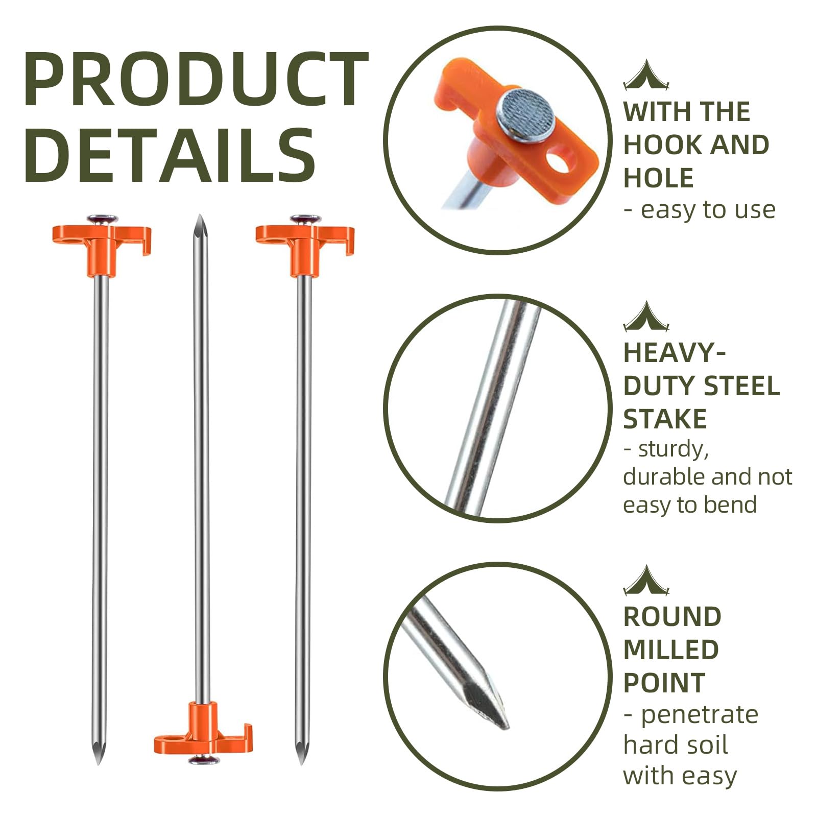 Lot de 100 piquets de tente robustes de 25,4 cm en métal pour camping, jardin, cour (orange)