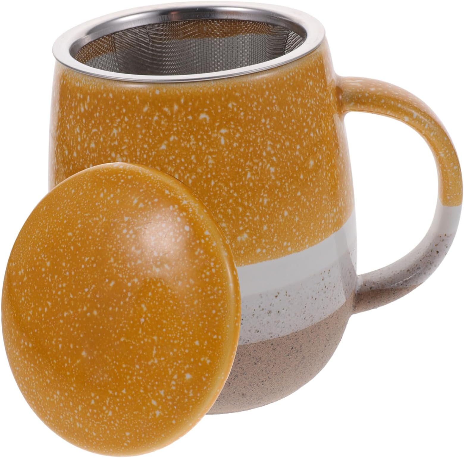 Portable Ceramic Mug with Strainer 350ml Large Tea Mug with Lid Yellow Glaze Ceramic Tea Cup for Home and Office