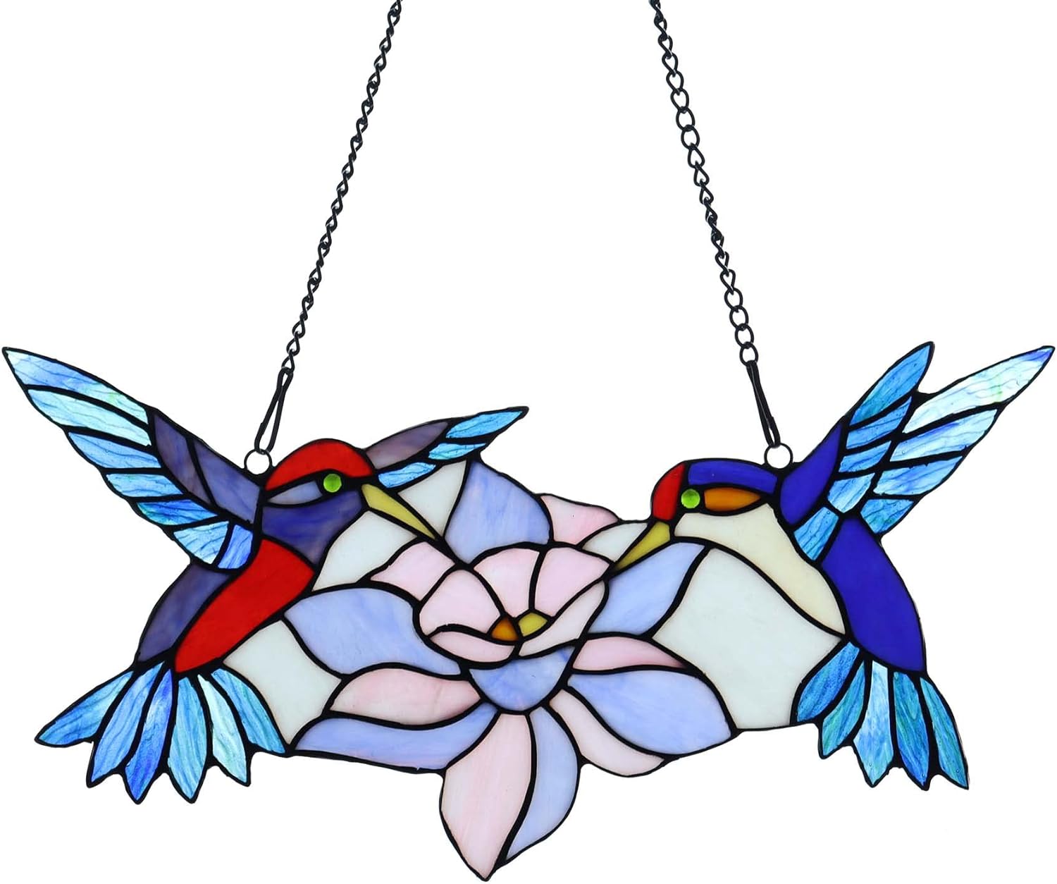 Bieye W10015 Hummingbird Flower Tiffany Style Stained Glass Window Panel Hangings with Chain, Blue, 18" Wide x 9" Tall