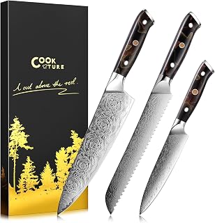 Damascus Chef Knife 3pcs, Professional Japanese Kitchen Knife with High Carbon Steel Core, Ergonomic Resin Handle, Leather Sheath & Luxury Gift Box - Ideal Gift for Men Women