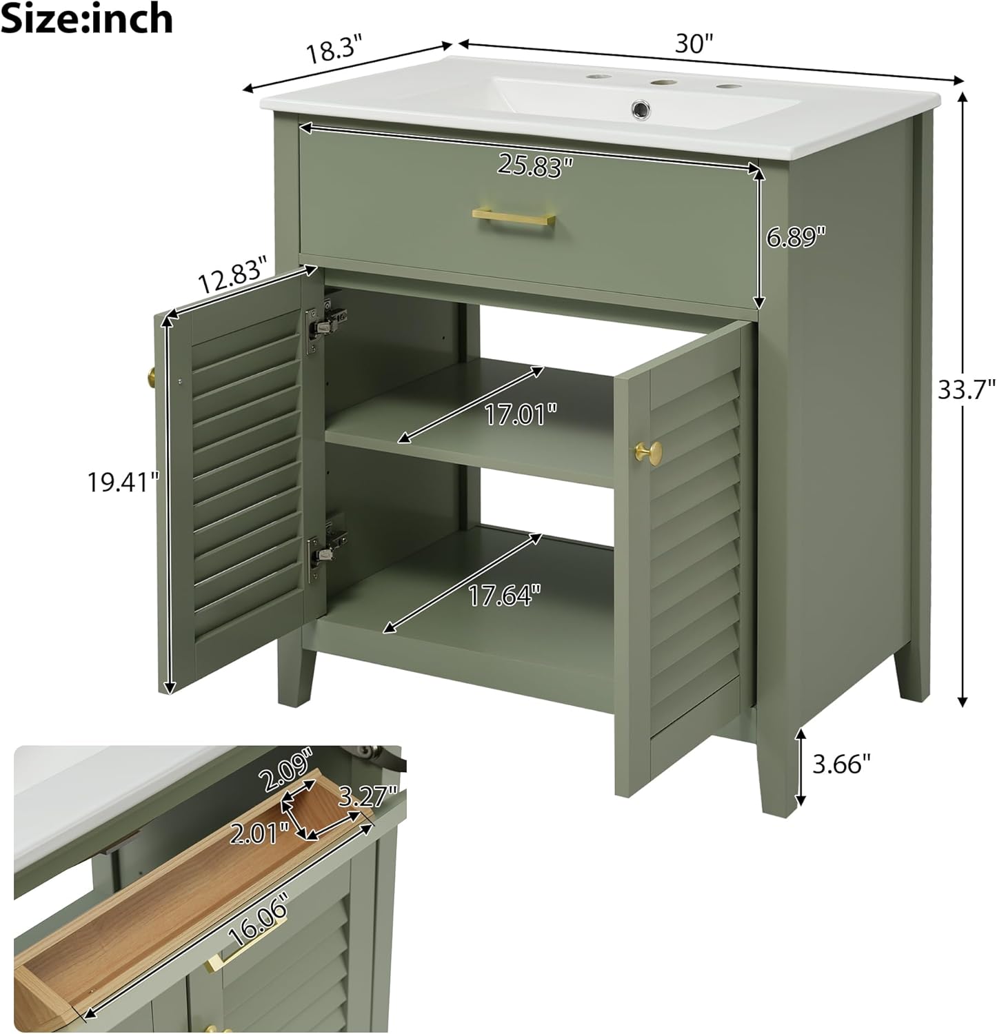 Merax 30" Bathroom Vanities with Sink Set, Modern Bathroom Integrated Sink Cabinet with Pull Down Drawer, Wood Stripes?Freestanding Bathroom Sink Cabinet (Green)