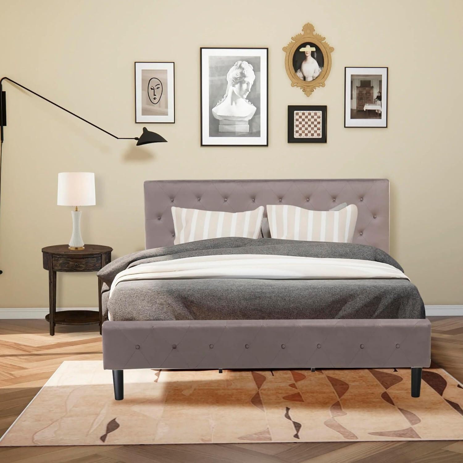 HomeStock Gothic Grandeur 2 Piece Bedroom Set - Button Tufted Bed Frame - Velvet Fabric Upholstered Headboard and A Nightstand King/Distressed Jacobean/Brown Taupe