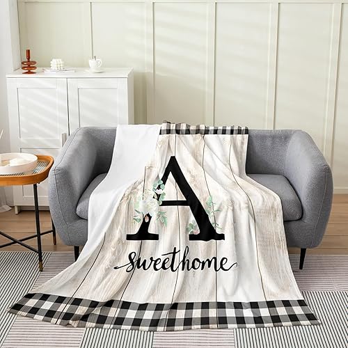 Miniatura 31 de Erosebridal Flower Initial S Flannel Blanket White Floral Flowers Fleece Blanket,40"X50",Personalized Letters Fuzzy Plush Throw for Sofa Beige Negro