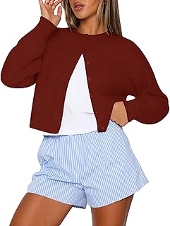 Womens Cropped Cardigan Sweaters Crew Neck Long Sleeve Button Up Sweater...