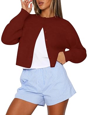 Kistore Womens Cropped Cardigan Sweaters Crew Neck Long Sleeve Button Up Sweaters Lightweight Knit Trendy Sweaters 2025