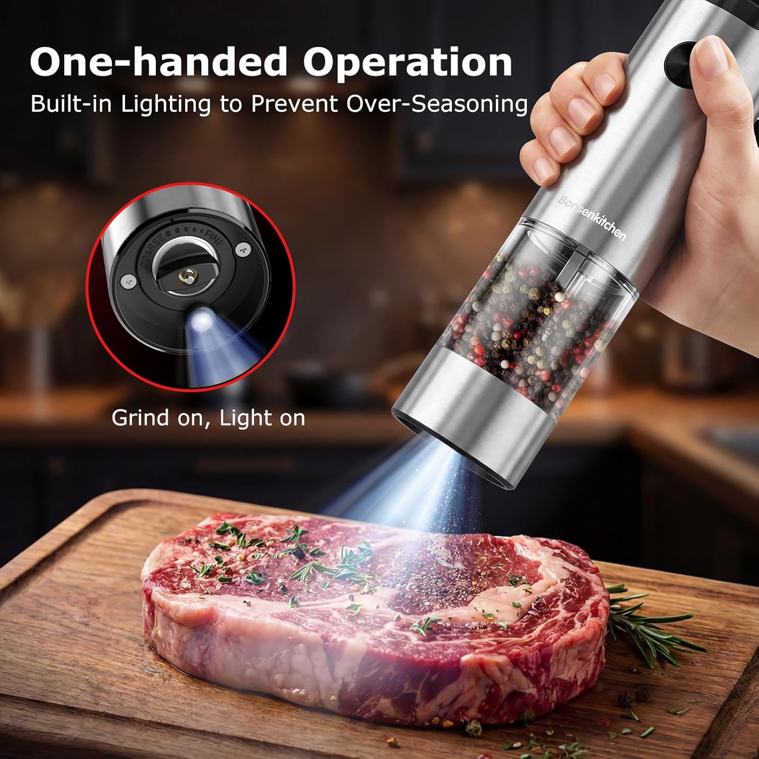 Bonsenkitchen Electric Salt and Pepper Grinder Set Battery Operated,95ml Large Capacity Pepper Mill with LED Light, Automatic One Handed Operation Salt Shaker for Kitchen, BBQ & Camping