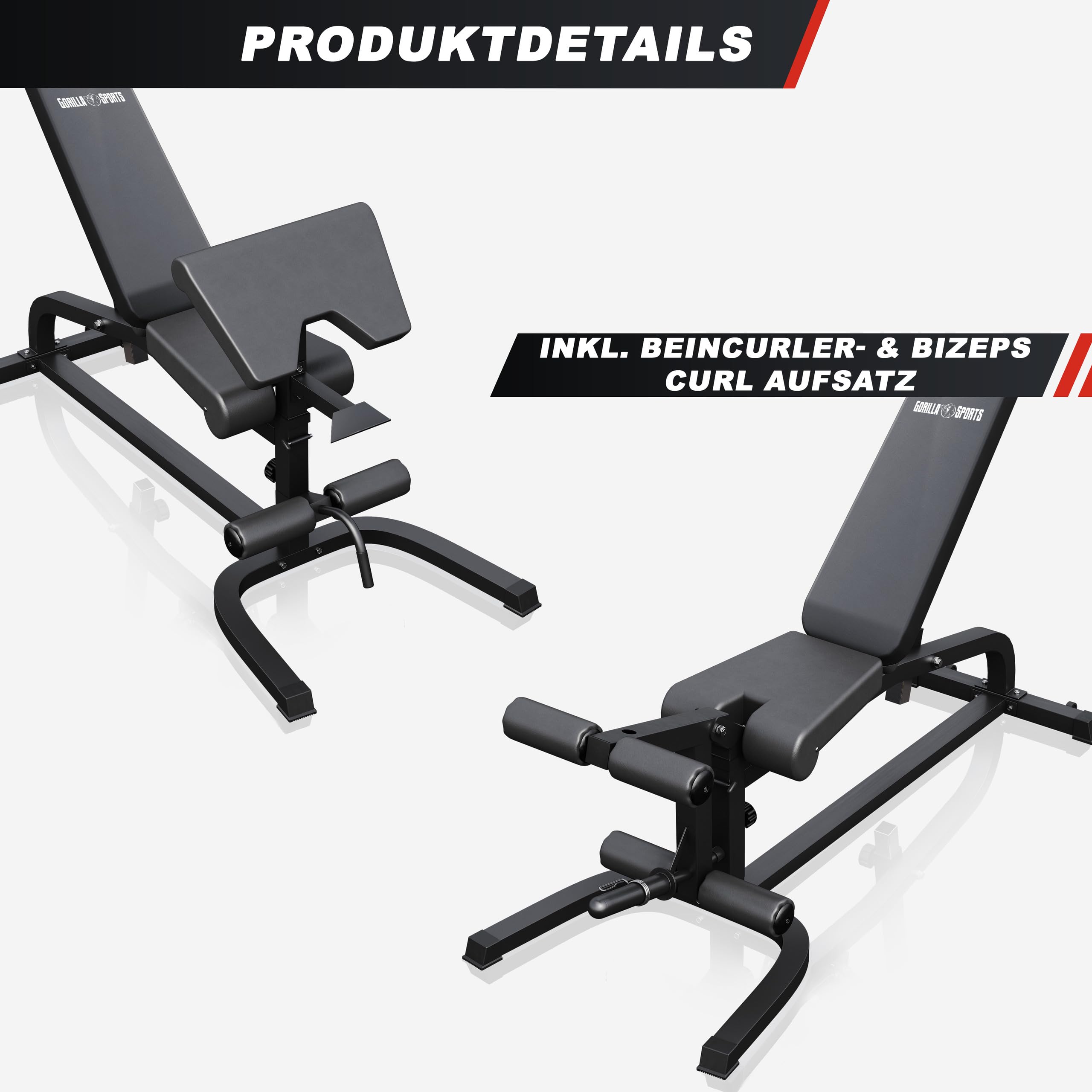 GORILLA SPORTS® Hantelbank, 13-fach Rücken, 4-fach Sitz, bis 200 kg | Mit Curlpult, Hantelablage, Beinstrecker, Beinbeuger und Rastbolzen; Schrägbank, Negativbank, Flachbank, Fitnessbank