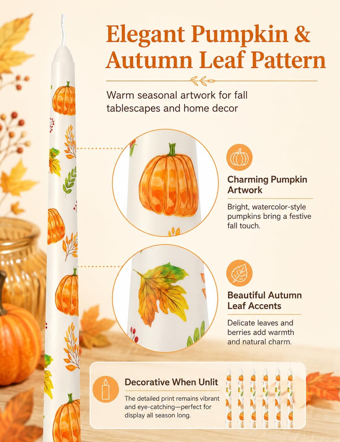 6 Pack Printed Taper Candle Set for Fall Home Decoration, 10 Inch Ivory Candlesticks with Pumpkin and Green Leaves Pattern for Dinner Holiday Seasonal Celebration, Dripless and Smokeless Candle