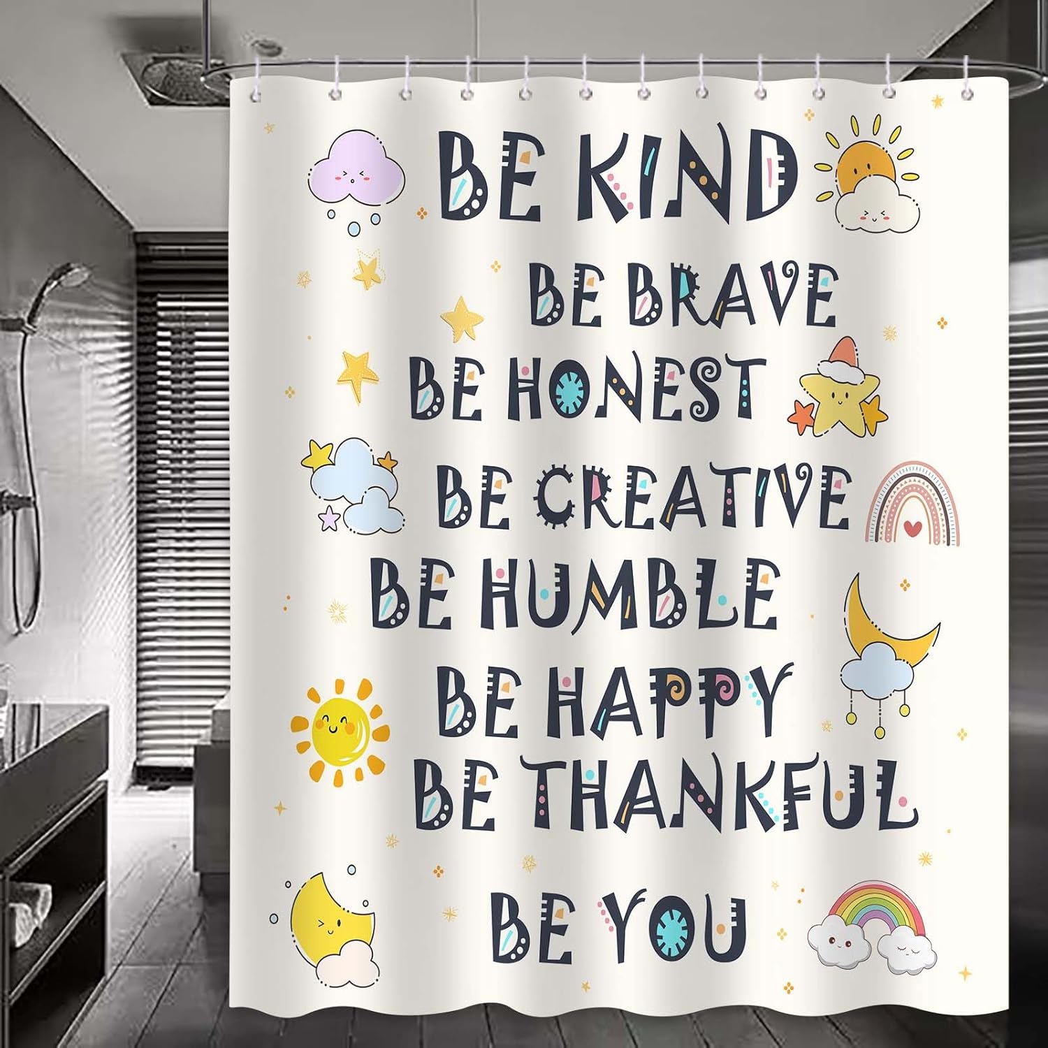 Kids Shower Curtain, Cartoon Shower Curtain, Inspirational Motivational Quotes Positive Words Shower Curtain Set Waterproof Fabric Bath Curtain Bathroom Decor with 12 Hooks, 72x72 inches