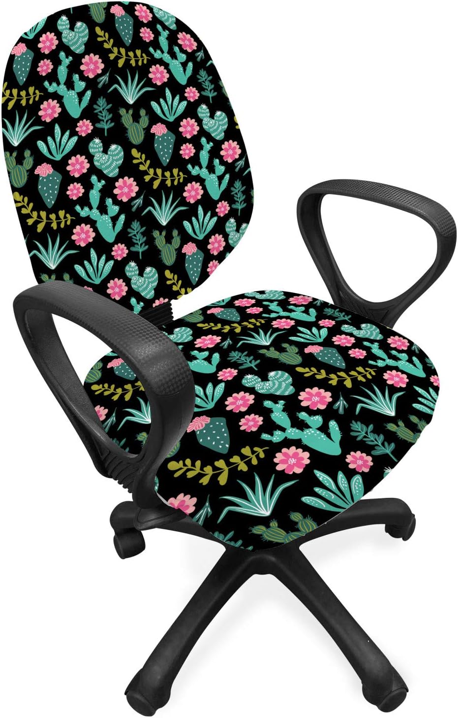 Ambesonne Cactus Office Chair Slipcover, Botanical Green Desert Flora Home Garden Cartoon Succulent Plant and Tropic Flowers, Protective Stretch Decorative Fabric Cover, Seafoam Pastel Pink