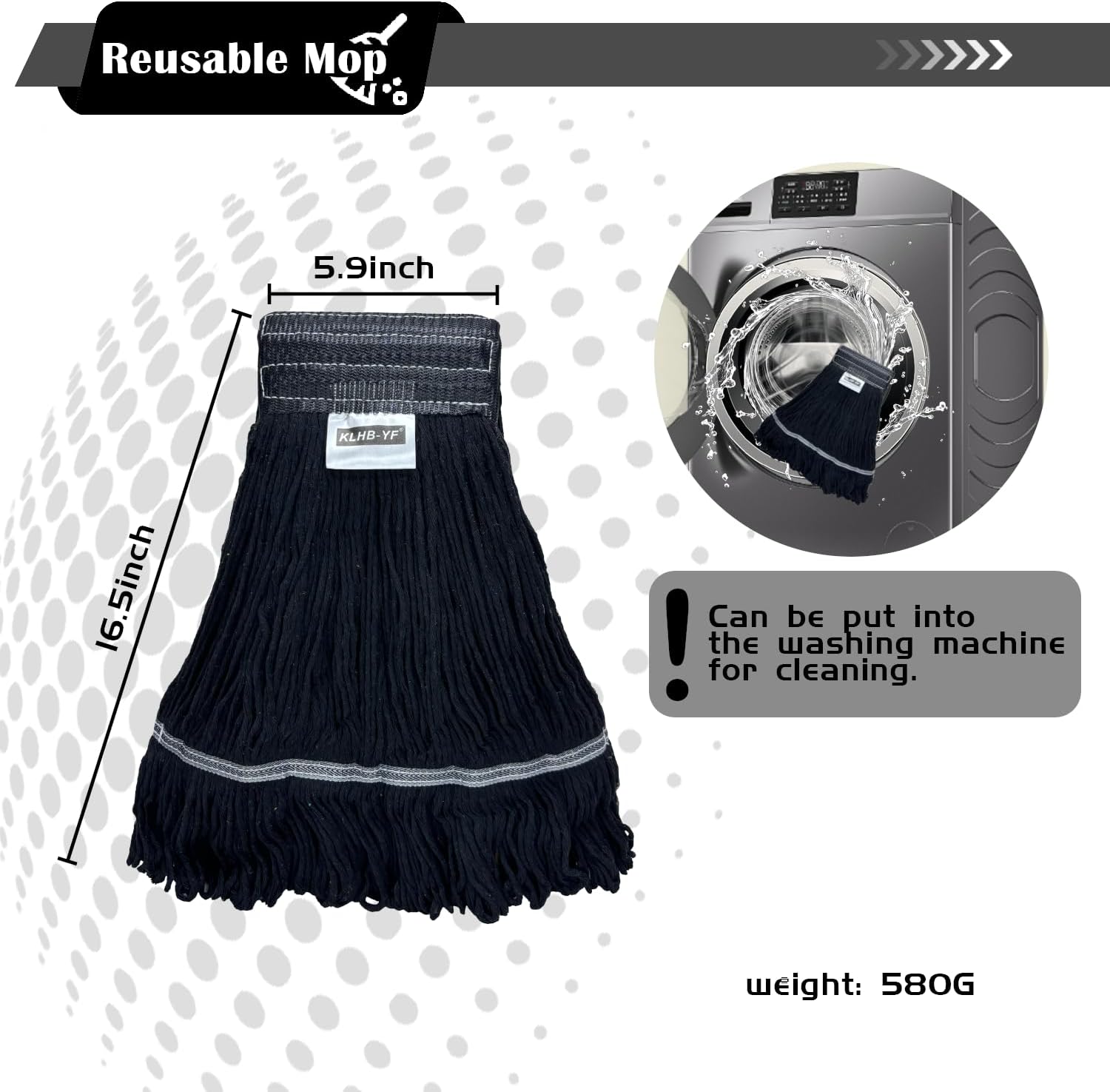 Heavy Duty Wet Industrial Cleaning Mop Head – 21 oz Black mop Head Replacement Cotton Washable Industrial mop Heads Heavy Duty for Commercial & Home Cleaning（Balck）