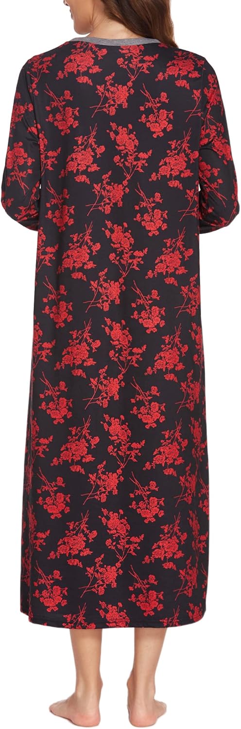 Ekouaer Women's Long Sleeve Nightgown Full Length Sleepwear Long Sleepshirts Henley Sleep Dress S-4XL - Image 5