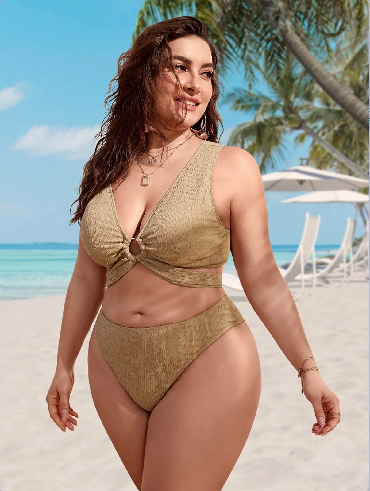 Bikini Da Donna Taglie Forti A Vita Alta - Costume Da Bagno Sexy A 3 Pezzi Con Scollo A V E Controllo Della Pancia