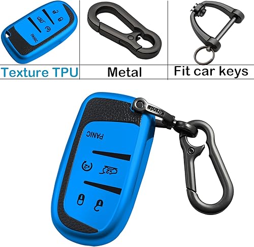 Miniatura 5 de Kirsnda Funda para llavero Jeep, funda con textura, con llavero, carcasa para llavepiel, 5 botones, compatible con Grand Cherokee Renegade para