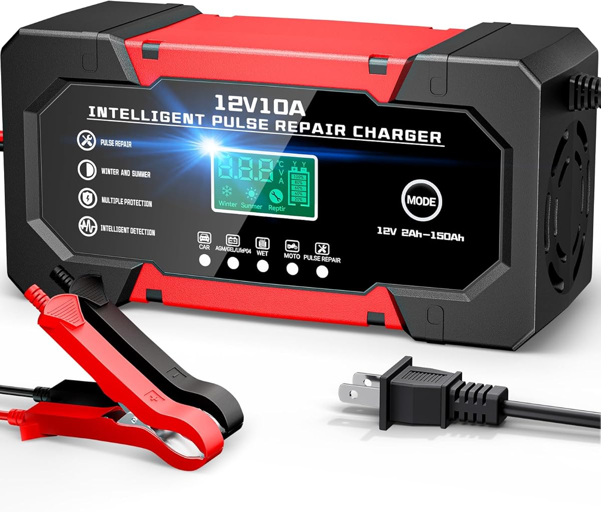 Battery Charger 10A 12V Fully Automatic Smart Car Battery Charger with LCD Display & Temperature Compensation for Car Motorcycle Vans