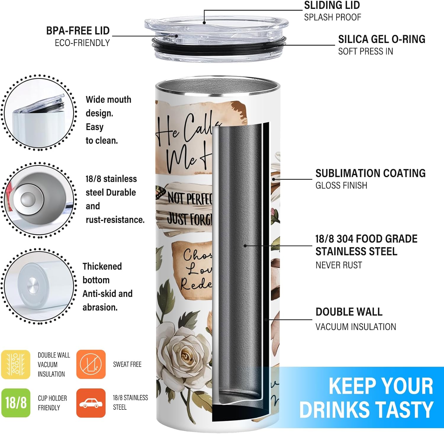 Boho Christian Skinny Tumbler, 20oz Stainless Steel Travel Mug with Floral Cross & Bible Verse, Faith-Based Inspirational Tumbler Gift for Women - Image 3