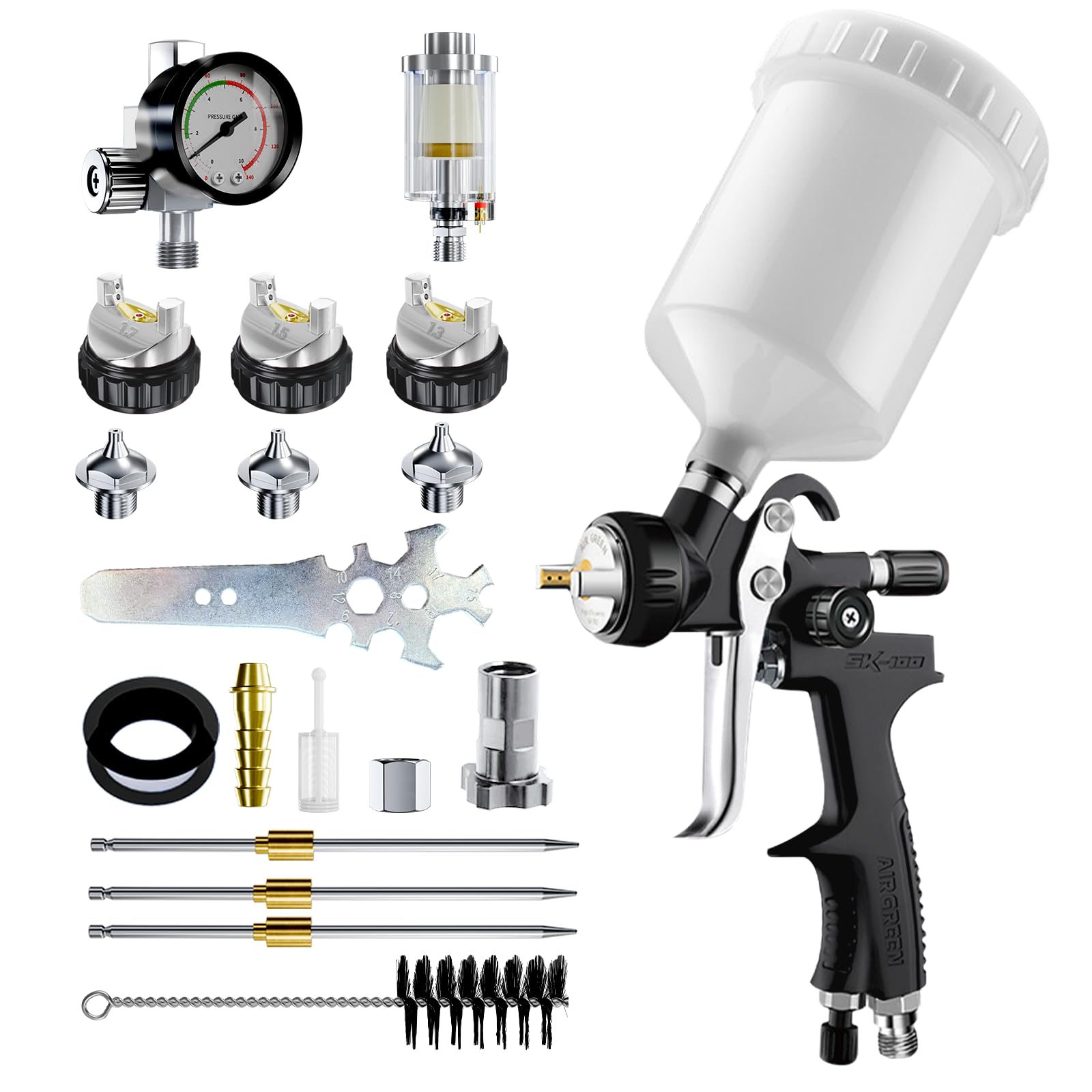 Photo 1 of [Upgraded Version] HVLP Air Spray Gun Premium Kit with 1.3/1.5/1.7mm Nozzles, Air Spray Paint Gun with 600cc Capacity Cup & Air Regulator Paint Gun Sprayer for House Painting, Car, Furniture, Fenc