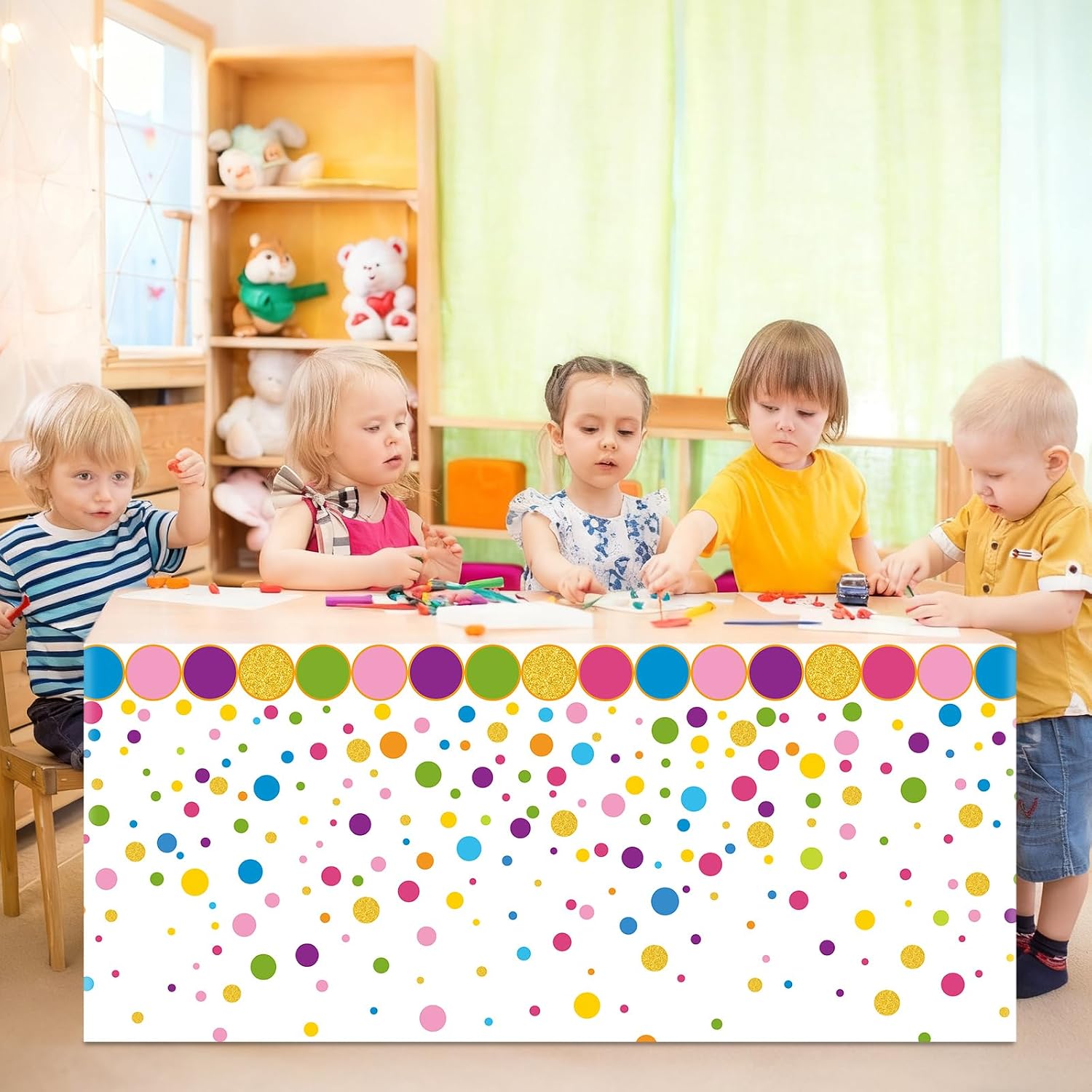 6FT Confetti Polka Dots Table Skirt Teacher Desk Skirt Classroom Table Cover for Back to School Decor Classroom Tables Cloths for First Day of School Supplies Office Bookcase Cabinet Decorations