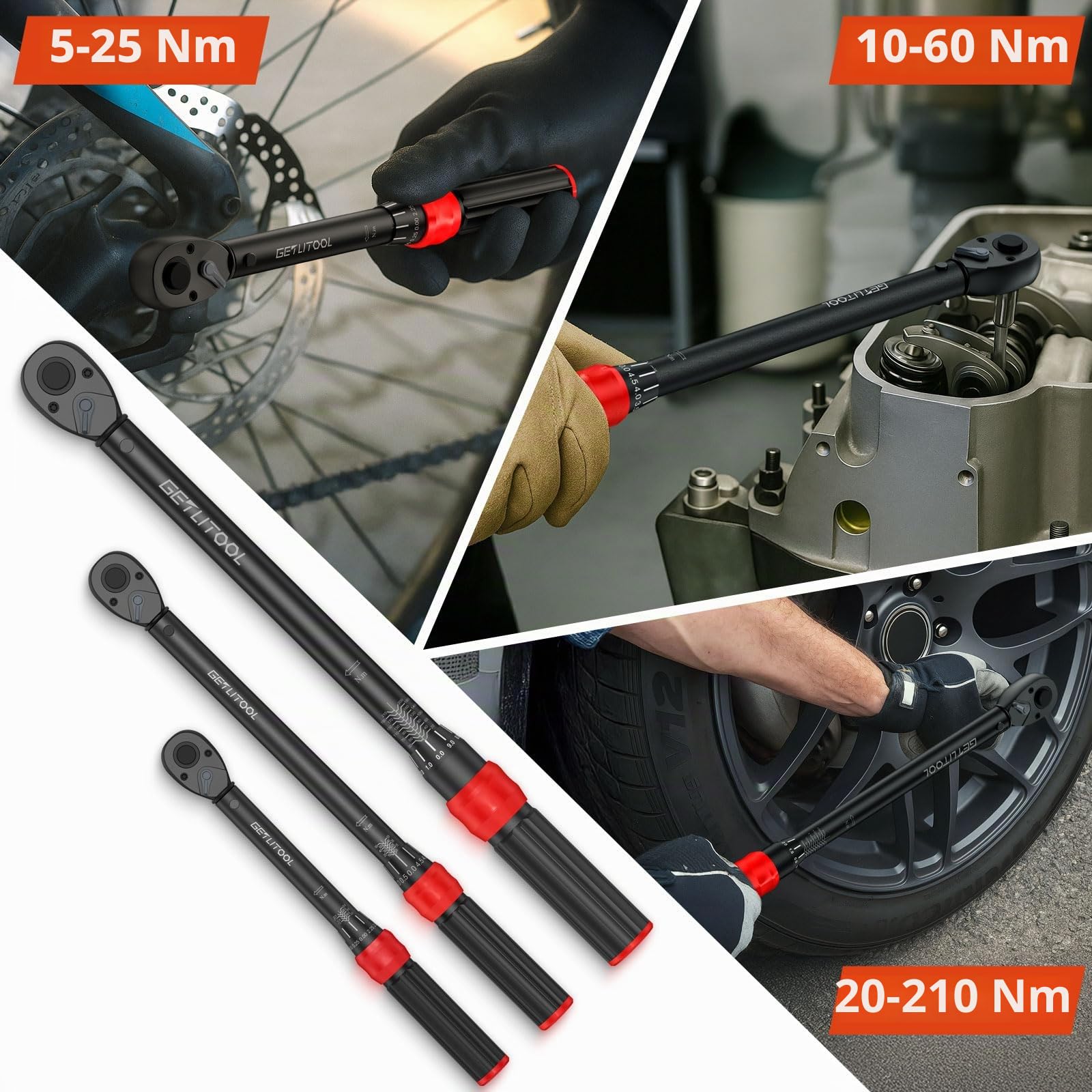 GETLITOOL Clé Dynamométrique Voiture 1/4",3/8",1/2",Torque Wrench 5–210 Nm,Précision ±3%,Alliage d'Acier Haute Résistance,Graduation Laser,Poignée Antidérapante,pour Réparation Auto,Moto,Vélos