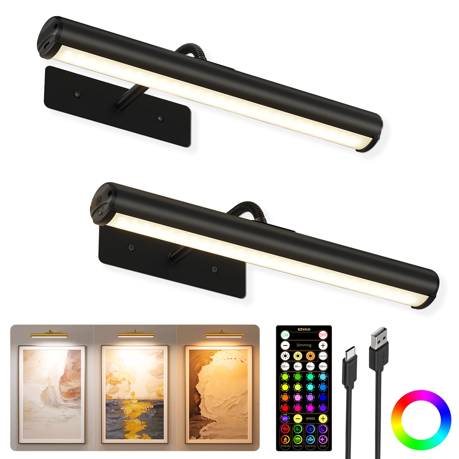 EZVALO 13 Inch Wireless Picture Lights, 4000mAh Rechargeable Battery RGB Colors Lights with Remote, Dimmable 3 Color Temps LED Painting Lights for Living Room, Bedroom (Black, 2Pack)
