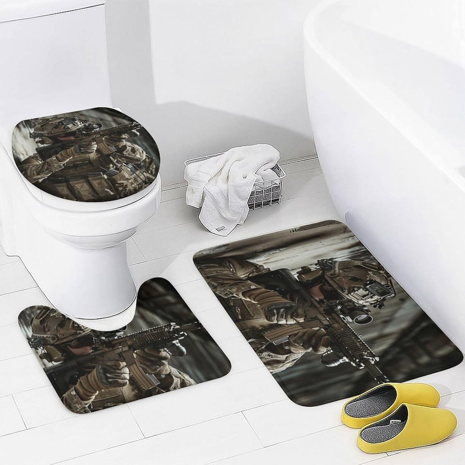 4Pcs Military Soldier Army Shower Curtain Set with Rugs, Toilet Lid Cover and Bath Mat, Modern Rifle Gun Theme Bathroom Curtains Decor Shower Curtains, 72" x 72"