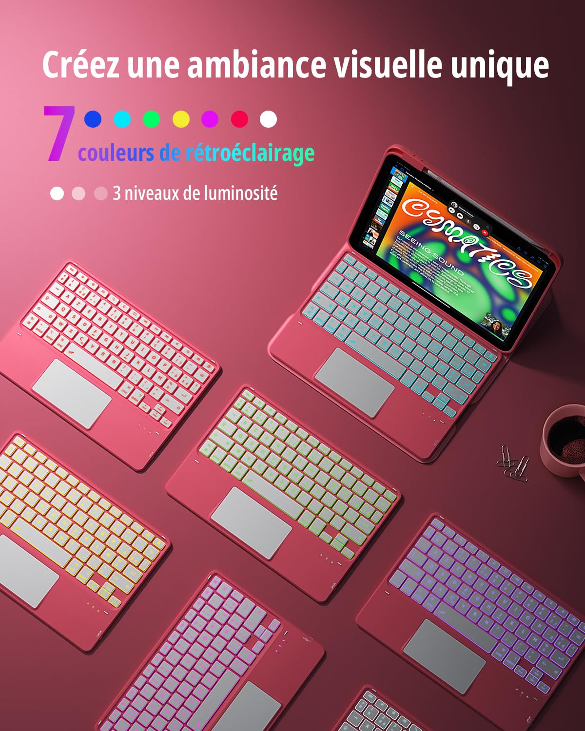 CACOE Étui Clavier Rotatif 360° pour iPad (A16) 11/10 EME Génération (11"/10,9") 2025/2022 avec Pavé Tactile, Rétroéclairage 7 Couleurs, Clavier sans Fil Détachable avec d'assistance, Rose