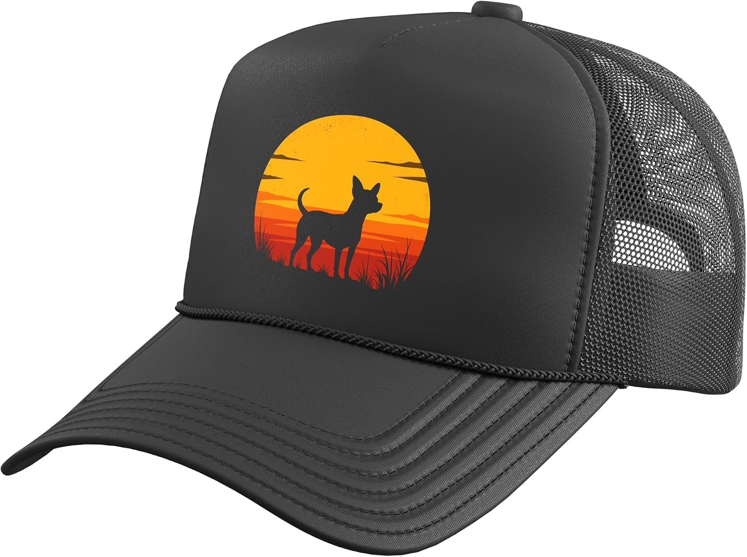 Chihuahua Silhouette Against Sunset Toy Breed Pet Care Paws Trucker Hat with Adjustable Mesh Back