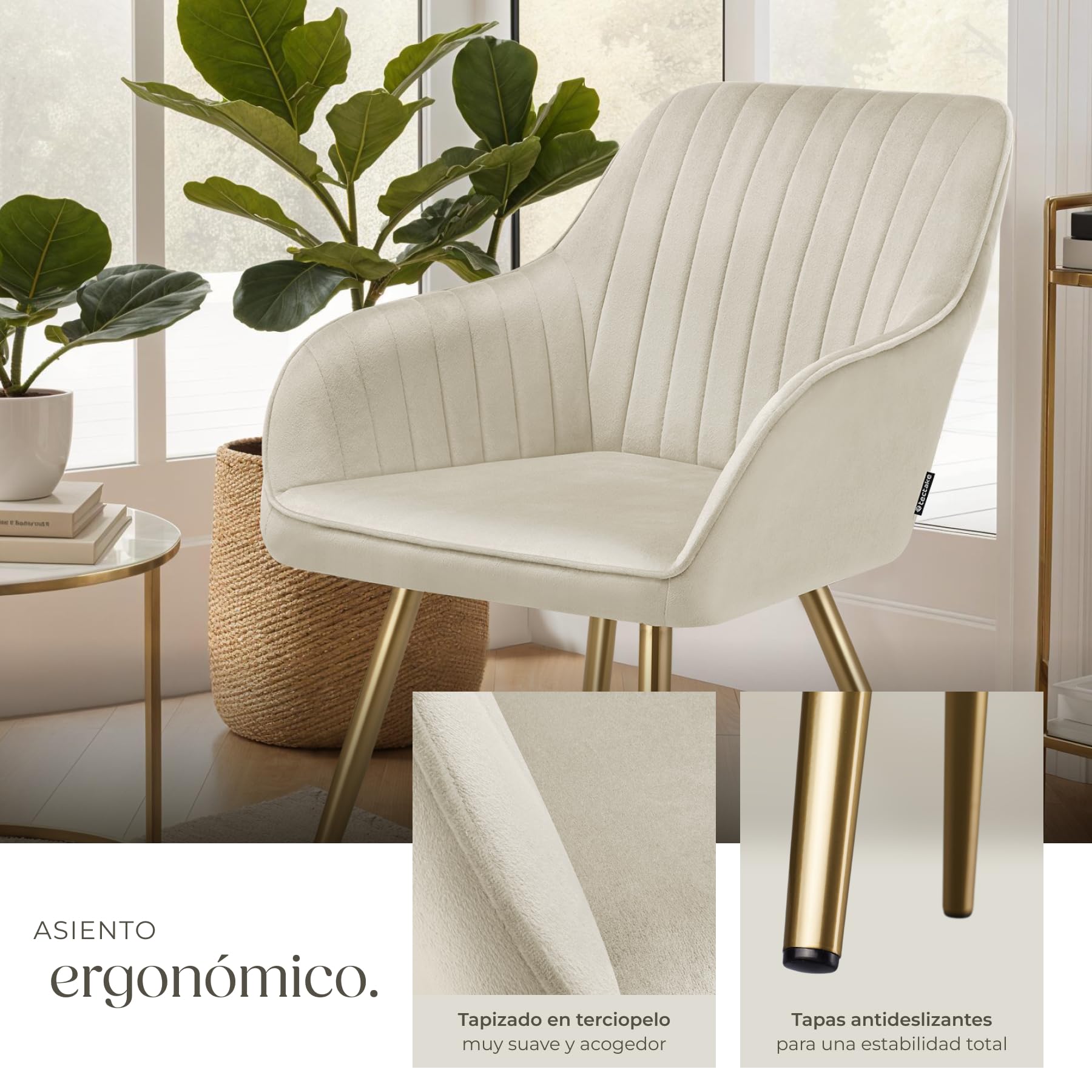 tectake® Silla de Comedor con Tapizado Aterciopelado Acolchado, Silla de Cocina Elegante y Moderna, Patas de Acero, Fácil Limpieza, Ideal Silla Salón, Tocador, Dormitorio - 1 Silla Crema/Oro