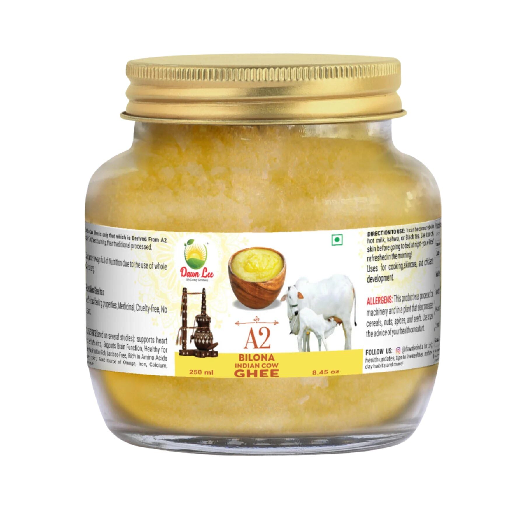 Dawn Lee Ghee Bilona A2 Ghee 250 ml Realizzato con processo di formazione di cagliata, rallentamento delle proprietà curative naturali promuove ossa forti muscoli e digestione fatto a mano puro sano