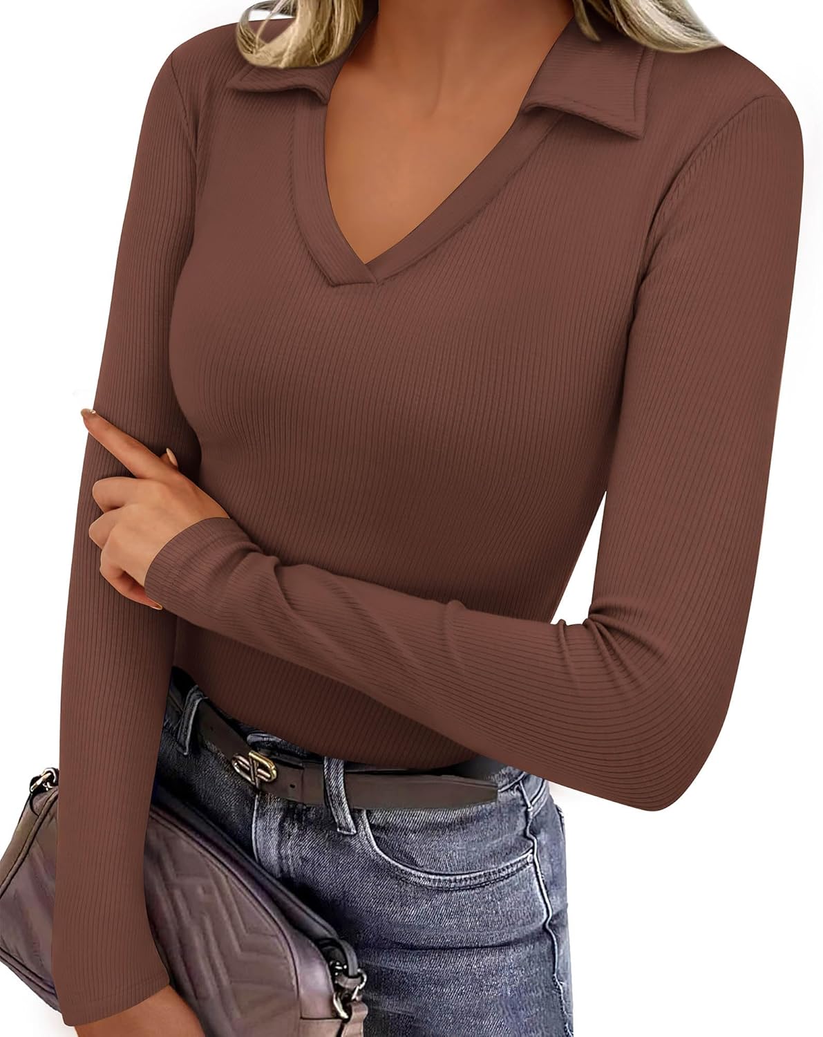 KIRUNDO Polo Shirts for Women Long Sleeve Business Casual Tops 2026 Spring Fall Ribbed Knit Collared V Neck Slim Work Blouses - Image 4