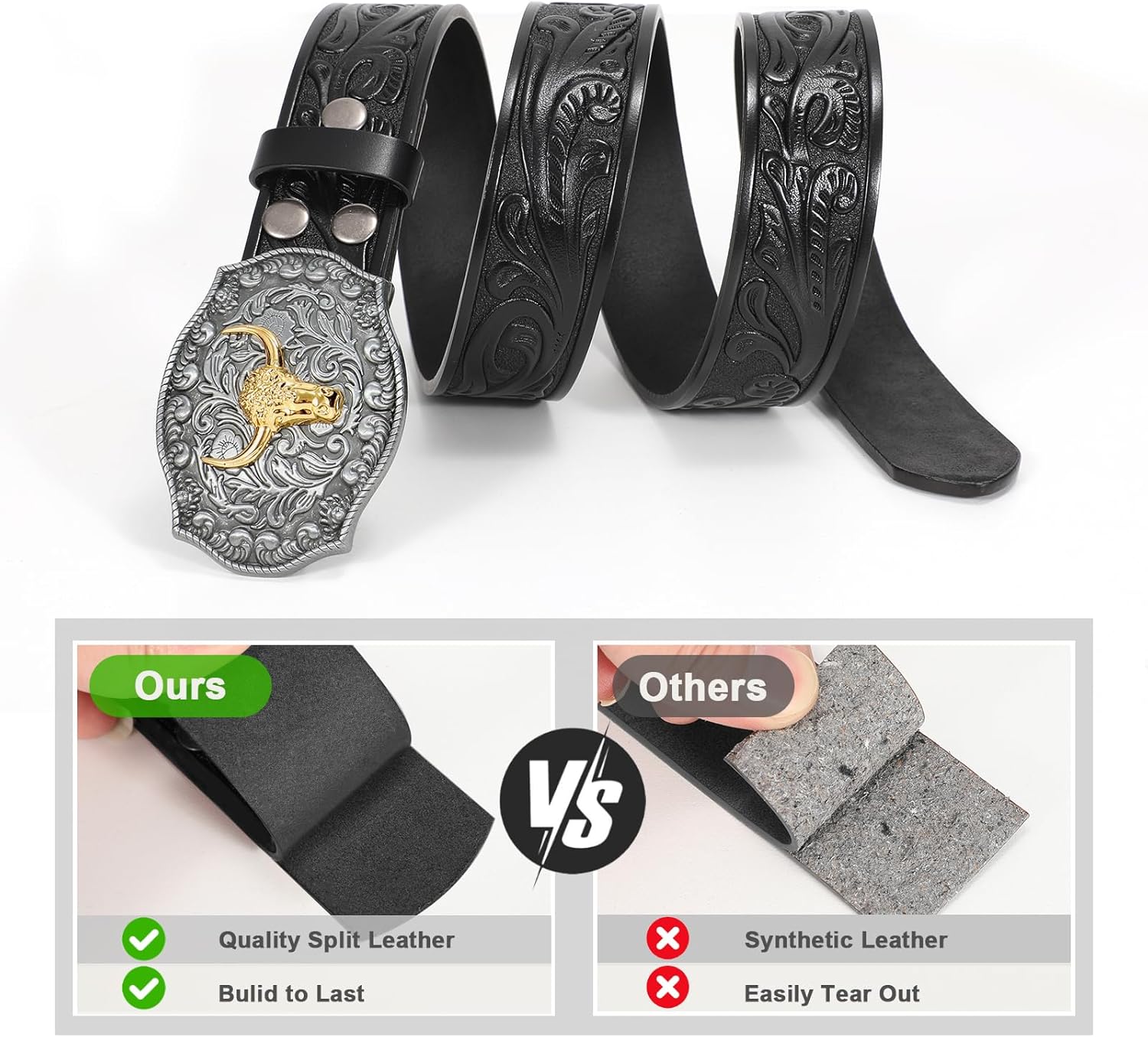 SANSTHS Western Cowboy Belt for Men Bull Buckle Belt Womens Western Floral Engraved Leather Belts for Jeans - Image 3