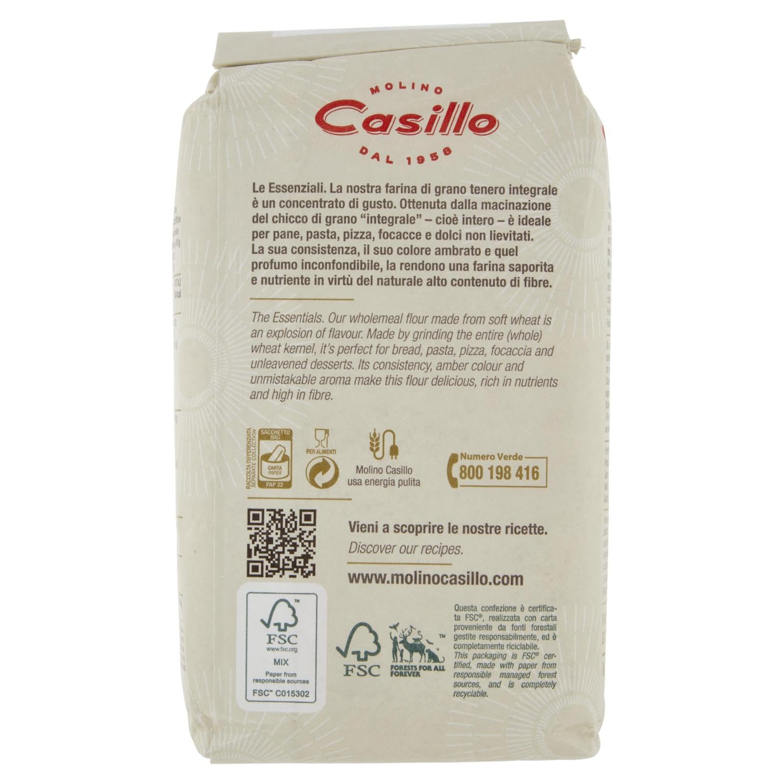 Molino Casillo, farina integrale Vollkornmehl Mehl zartes Vollkorn wholemeal flour 20x 1 kg + Italian Gourmet polpa 400g
