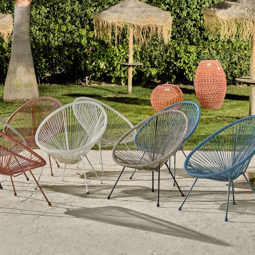 LOLAhome Pack 2 Sillones de jardín Acapulco Color Natural| Cuerdas de Rattan PE y Acero Blanco| 72x77x84 cm | con Topes de Goma, Resistente hasta 120kg | para Interior y Exterior | Acapulco