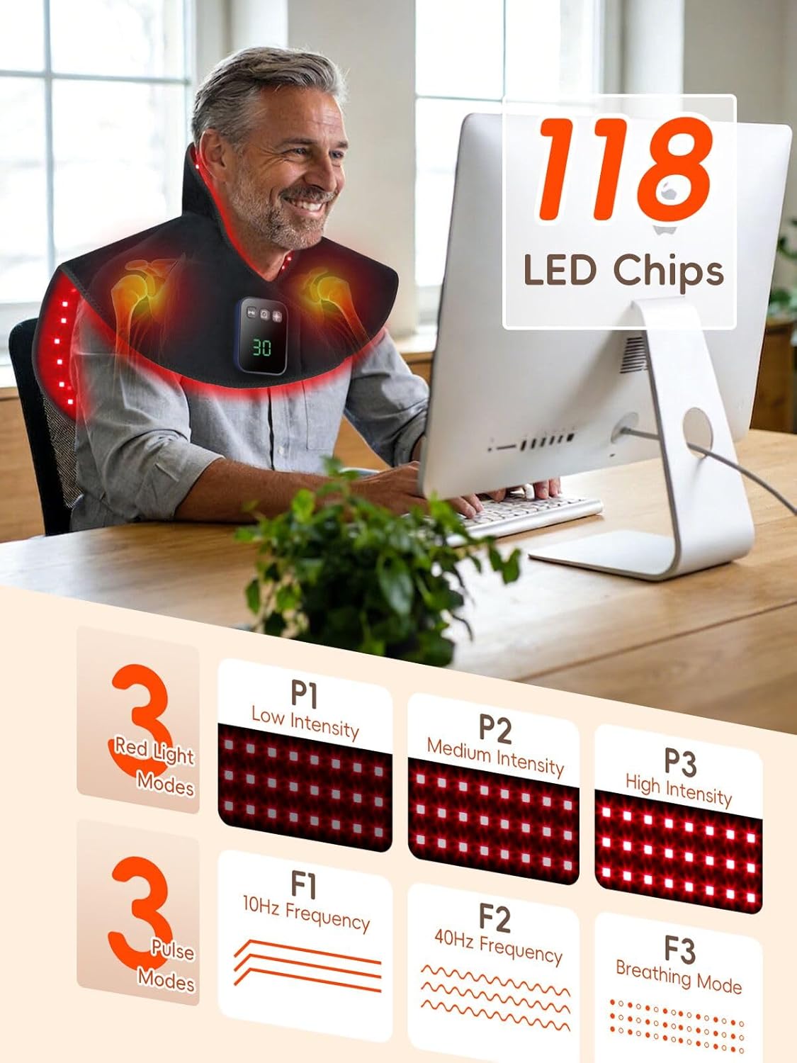 Cordless Red Light Therapy for Neck & Shoulders Pain Relief, 5000mAh 850nm Near-Infra Device for Upper Back Muscle Relax with Timer, Rechargable 660nm Wearable Heating Pad, for Women Men - Image 3