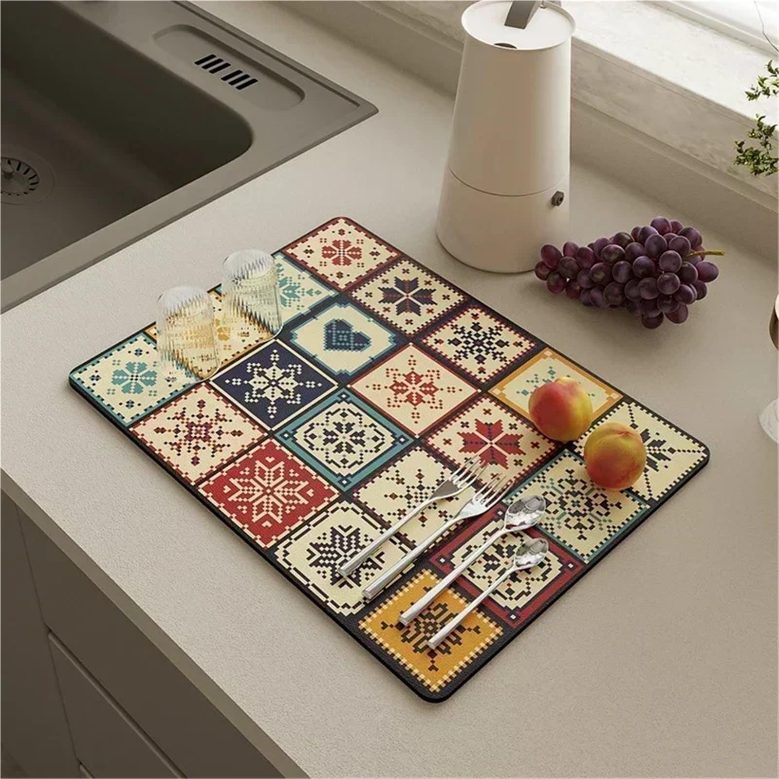 Alfombrilla Para Café Bar Tapete for platos de secado rápido, vajilla de cocina, almohadilla de drenaje for café, vajilla, mantel for botella, tapetes de café absorbentes, 2 uds.(Beige yellow,30x 50cm
