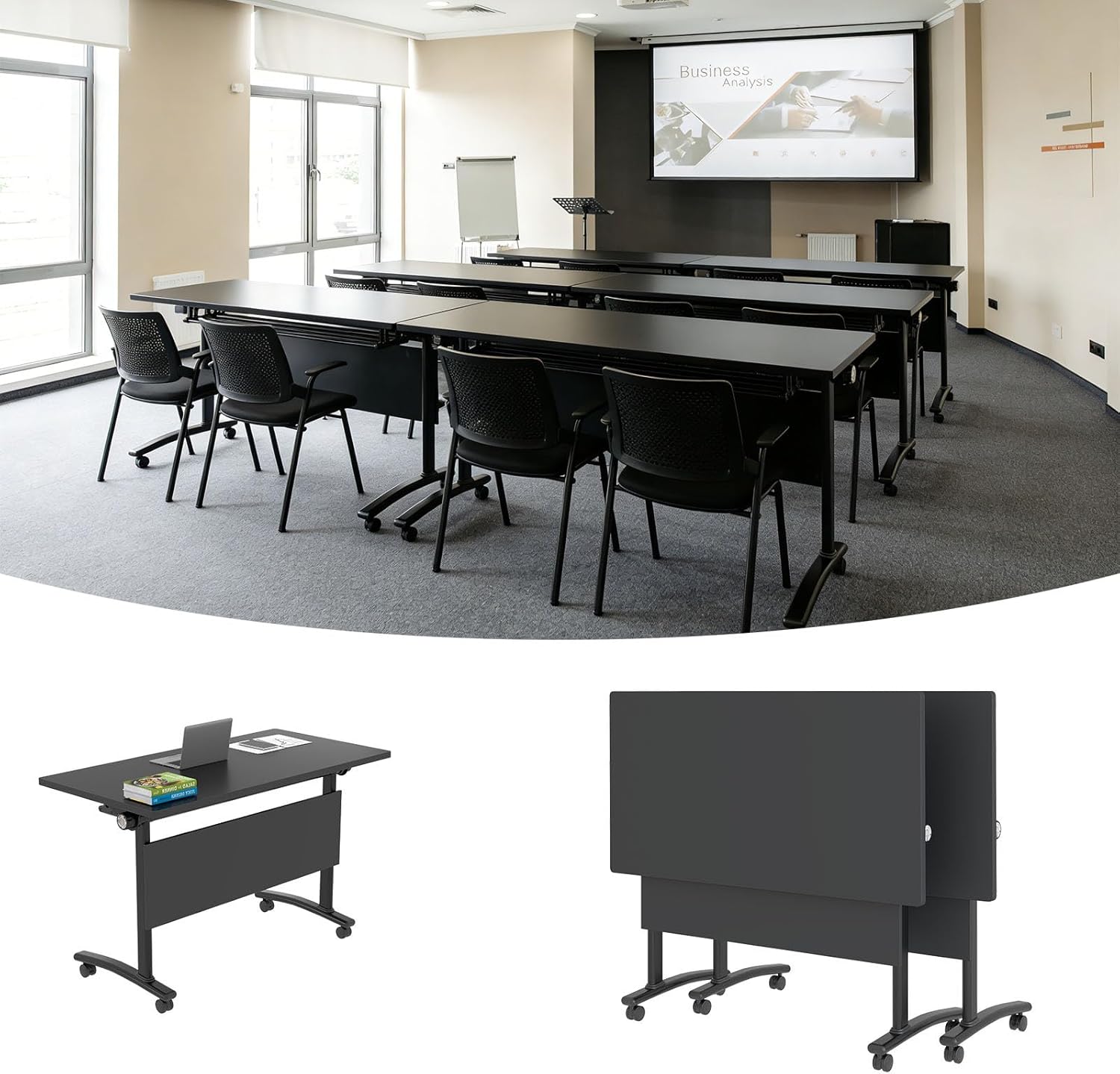 Conference Room Tables Folding Conference Room Table, Modular Meeting Table Rolling Foldable Industrial Training Tables for Office School Classroom Hotel (2, Black, L63.0in)