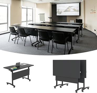 Conference Room Tables Folding Conference Room Table, Modular Meeting Table Rolling Foldable Industrial Training Tables for Office School Classroom Hotel 2, Black, L47.2in