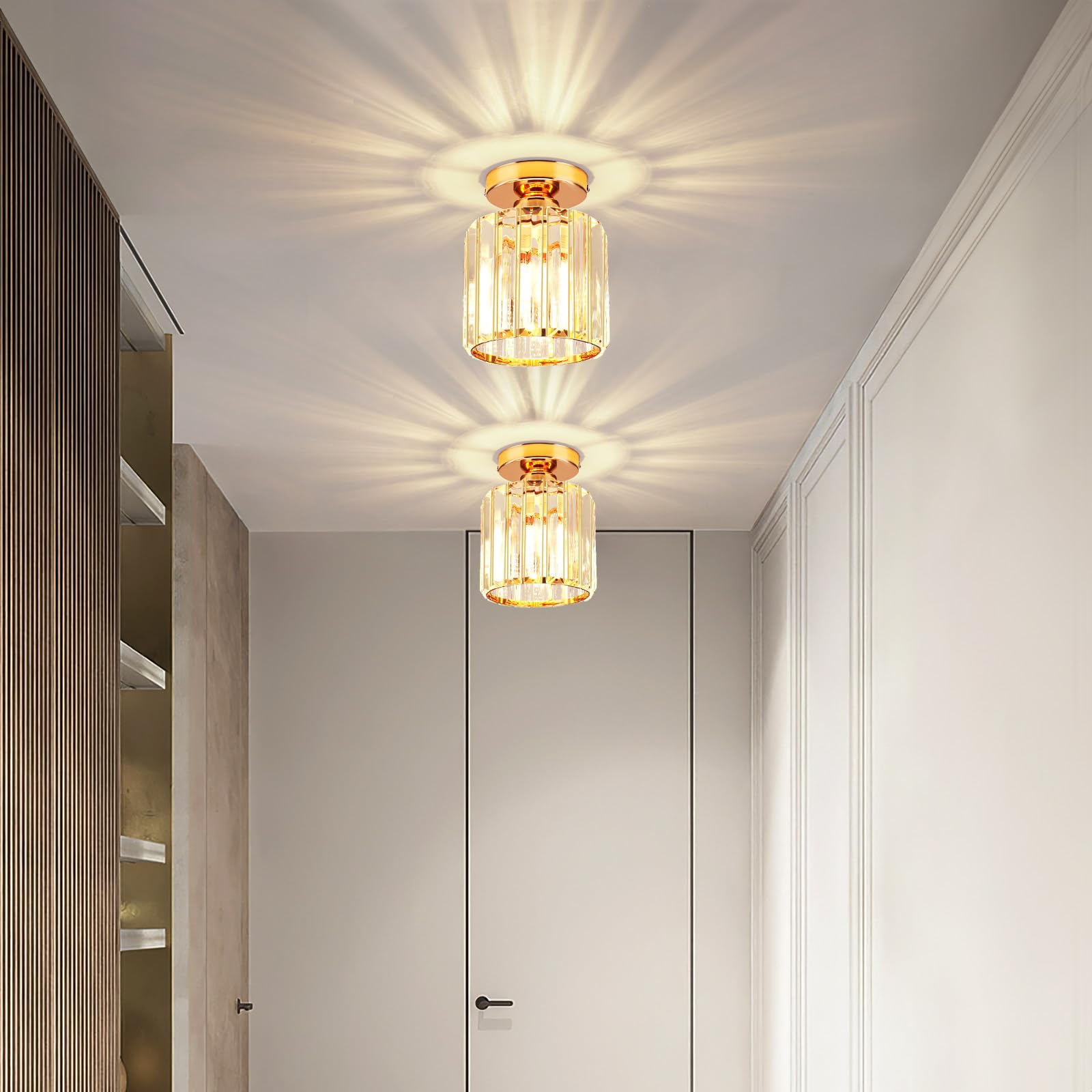 ALLOMN Plafonnier en Cristal Doré Semi-encastré, Lustre à LED Moderne pour Cuisine, Salle à Manger, Couloir, Salle de Bain, Balcon, Porche, Entrée