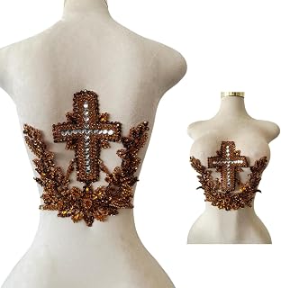 Handmade Cross Bead Embroidery Patch Handmade Rhinestones Applique Creative Design Clothing Decoration for Wedding Dress Predecessor or Men's Suit Back (Brown)