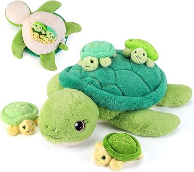 gnomantic Turtle Stuffed Animals with Babies Inside, Mommy Toy for Kids | 5-Piece set 1 mommy turtle + 4 baby turtles inside. Unzip belly to reveal surprise babies. Ultra-soft, ages 3-8.
