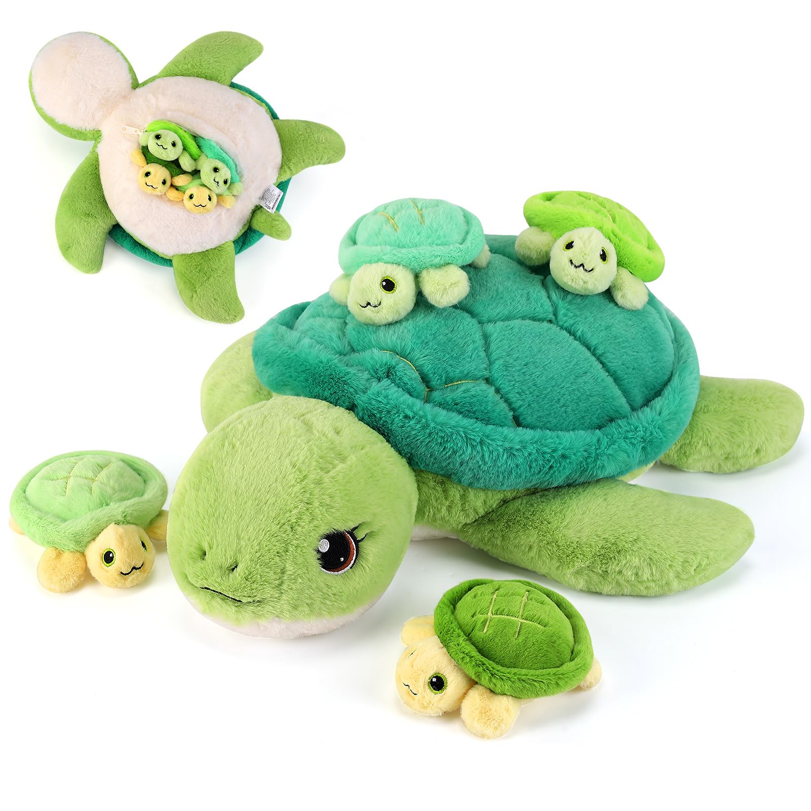 gnomantic turtle stuffed animal with babies inside, mommy and four babies set