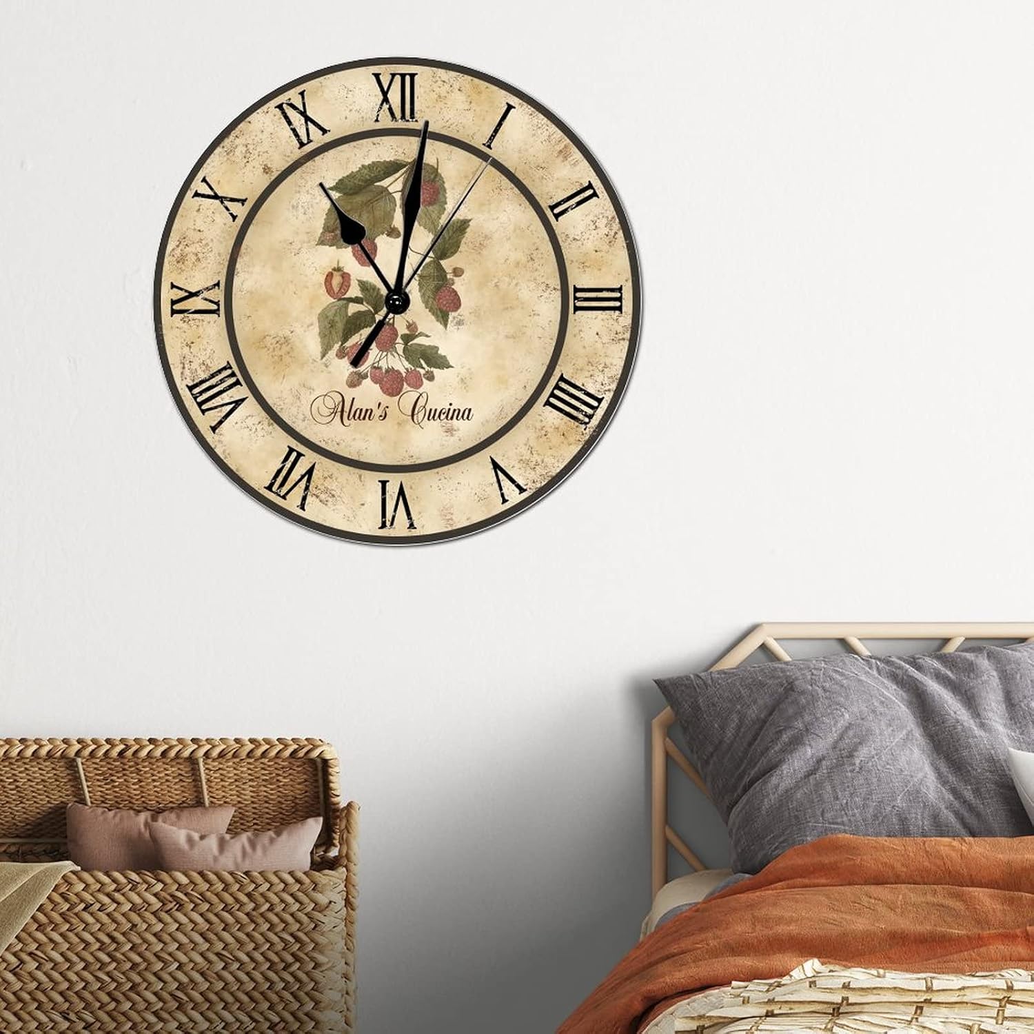 Raspberry Cucina Personalized Clock Vegetable Plant Frameless Wood Wall Clocks Battery Operated Non-Ticking Sweep 15 inch Classic Farmhouse Wall Clock for Home Living Room Bedroom Kitchen Patio