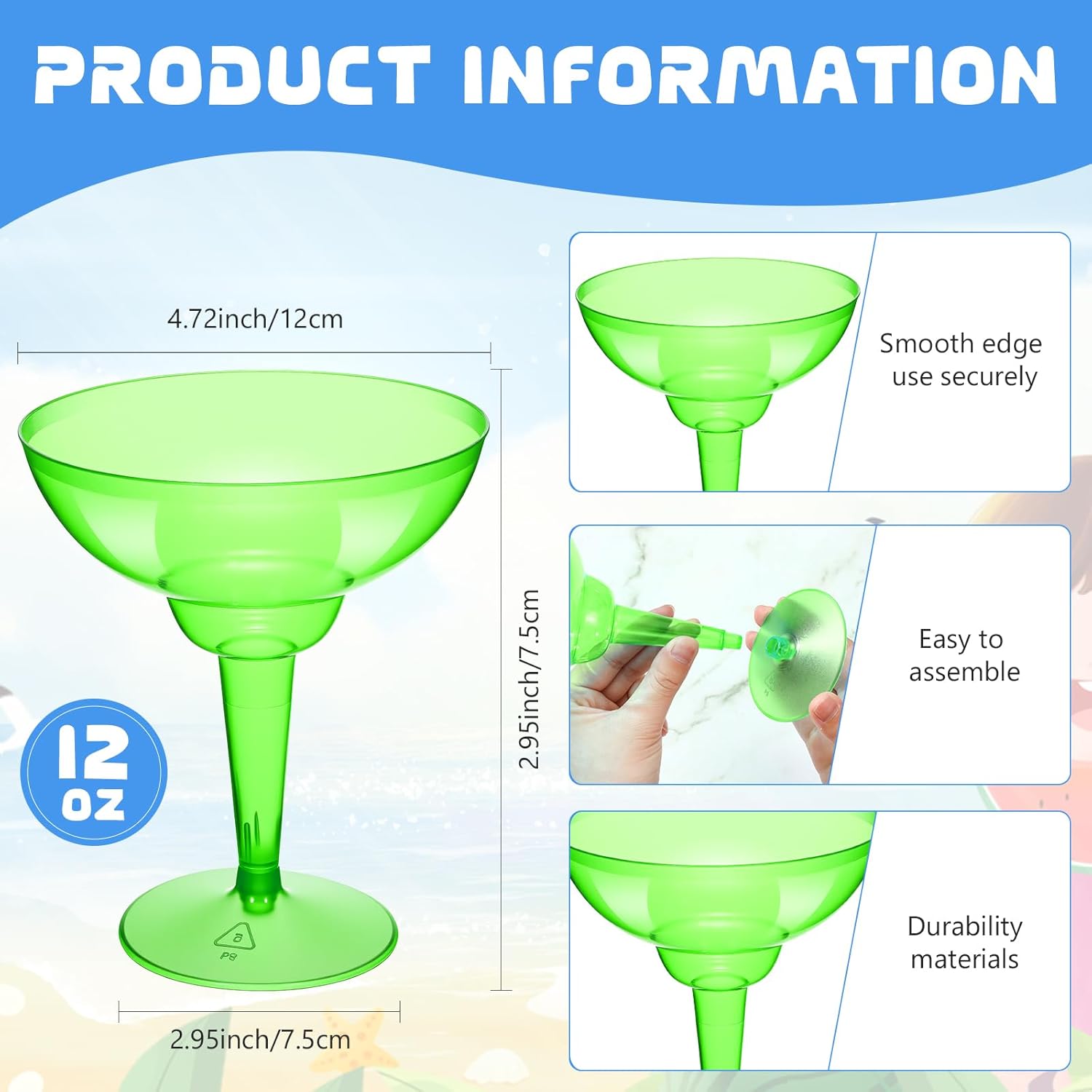 24 Pcs Plastic Margarita Glasses 12 oz Margarita Cups Mexican Theme Party Decorations Martini Glasses Bulk Cocktail Glass for Wedding Mexican Theme Carnivals (Green)