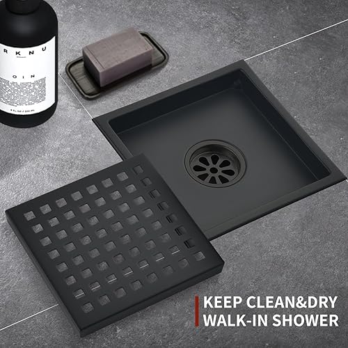 Miniatura 9 de Juego de 2 desagües de ducha cuadrados de 6 pulgadas con rejilla cuadrada extraíble, acero inoxidable 304, incluye filtro de pelo con base de